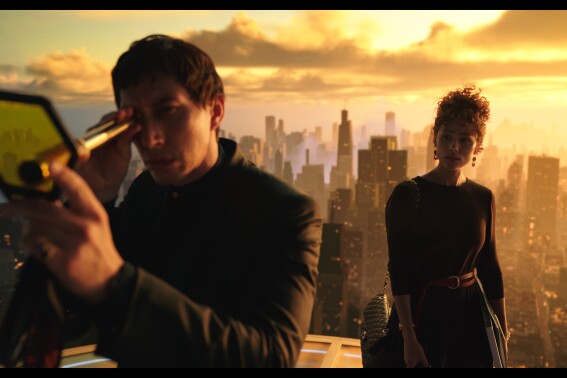 This image provided by Lionsgate shows a scene from the film, "Megalopolis." (Lionsgate via AP)