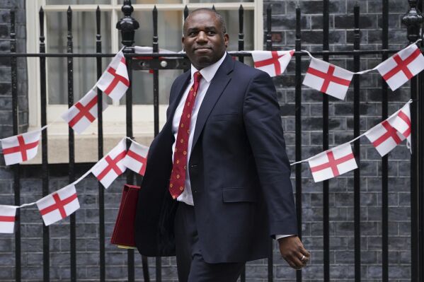 Britain's Foreign Secretary David Lammy leaves Downing Street after a cabinet meeting, in London, Tuesday July 9, 2024. (Lucy North/PA via AP)