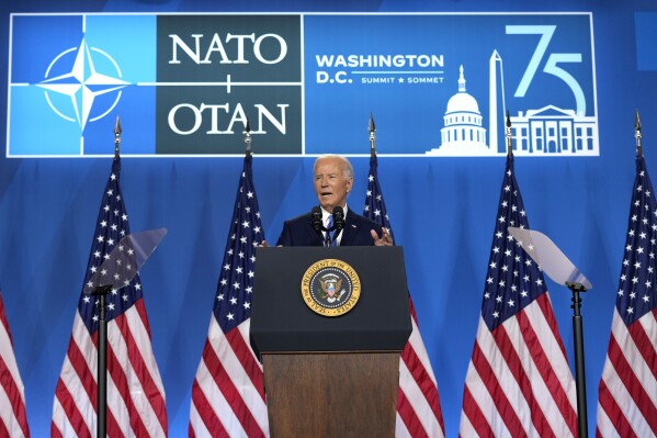 President Joe Biden speaks at a news conference following the NATO Summit in Washington, July 11, 2024. (AP Photo/Susan Walsh)