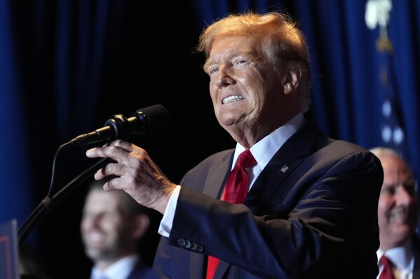 Republican presidential candidate former President Donald Trump speaks at a primary election night party at the South Carolina State Fairgrounds in Columbia, S.C., Saturday, Feb. 24, 2024. (AP Photo/Andrew Harnik)