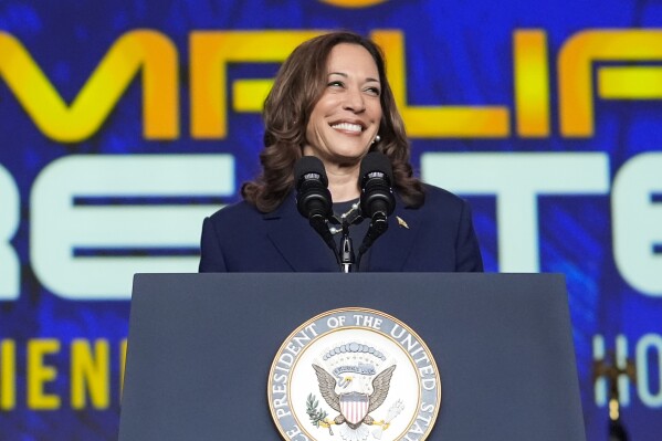 Vice President Kamala Harris delivers remarks at a Sigma Gamma Rho Sorority gathering in Houston, Wednesday, July 31, 2024, in Houston. (AP Photo/LM Otero)