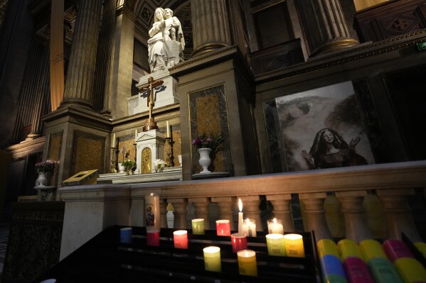 The "Our Lady of Athletes" chapel in seen inside the Madeleine church, Thursday, May 30, 2024 in Paris. France's Catholic Bishops Conference has launched a nationwide "Holy Games" initiative. Since last September, it has set up the "Our Lady of Athletes" chapel in an iconic downtown Paris church, La Madeleine. (AP Photo/Michel Euler)