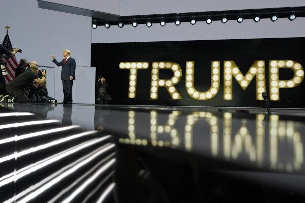 Republican presidential candidate former President Donald Trump arrives to speak during the final night of the 2024 Republican National Convention at the Fiserv Forum, Thursday, July 18, 2024, in Milwaukee. (AP Photo/Carolyn Kaster)