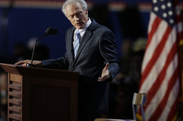 FILE - Actor and director Clint Eastwood speaks to an empty chair while addressing delegates during the Republican National Convention, Aug. 30, 2012, in Tampa, Fla. (AP Photo/Lynne Sladky, File)