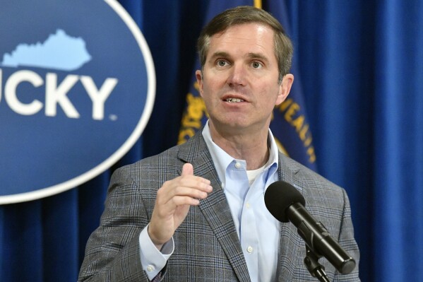 FILE - Kentucky Gov. Andy Beshear speaks in the Rotunda of the state Capitol, March 26, 2024, in Frankfort, Ky.  (AP Photo/Timothy D. Easley, File)