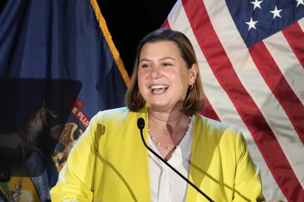 U.S. Senate candidate, Rep. Elissa Slotkin, D-Mich., speaks at a primary election night event in Detroit, Tuesday, Aug. 6, 2024. (AP Photo/Paul Sancya)