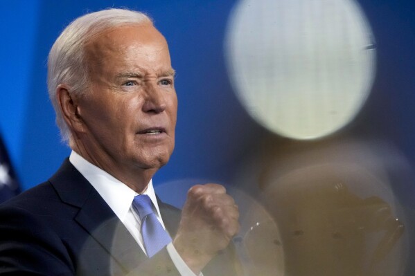 FILE - President Joe Biden speaks at a news conference on the final day of the NATO summit in Washington, July 11, 2024. Biden now is weighing whether to bow to the mounting pressure to exit the presidential race. His decision will be based not just on this fraught moment but on his long history in public life and the extraordinary personal, (AP Photo/Jacquelyn Martin, File)