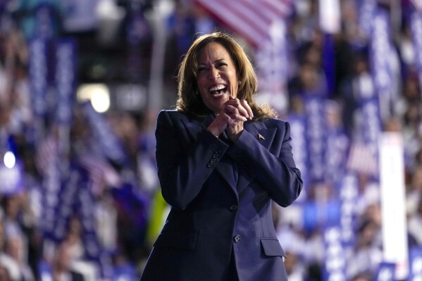 FILE - Democratic presidential nominee Vice President Kamala Harris appears on stage during the Democratic National Convention, Aug. 22, 2024, in Chicago. (AP Photo/Jacquelyn Martin, File)