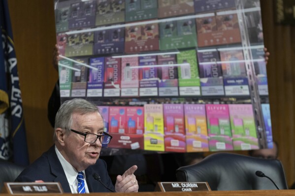 Senate Judiciary Committee Chairman Dick Durbin, D-Ill., speaks during a hearing on combating the rise of illegal electronic cigarettes, on Capitol Hill, Wednesday, June 12, 2024, in Washington. ( AP Photo/Jose Luis Magana)