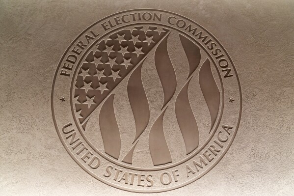 FILE - The Federal Election Commission emblem is seen at the Federal Election Commission headquarters in Washington, Aug. 10, 2023. (AP Photo/Stephanie Scarbrough, File)