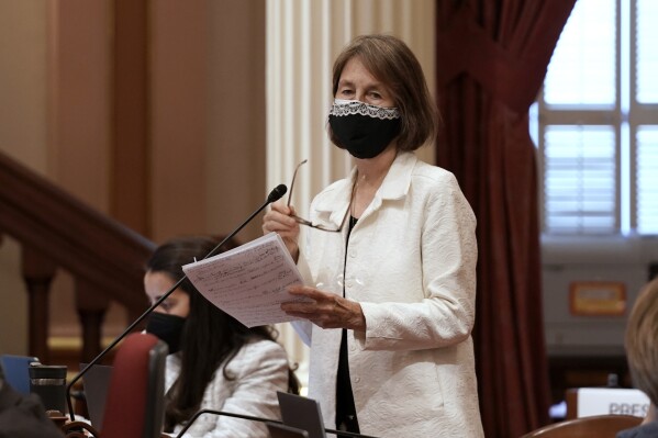 FILE - State Sen. Nancy Skinner, D-Berkeley, speaks at the Capitol in Sacramento, Calif., on June 13, 2022. Skinner authored a bill that would require marketplaces — like eBay and Nextdoor to start collecting bank accounts and tax IDs of high-volume sellers who advertise online but collect payment off the platforms. The measure is part of a legislative package of 14 bills to address the retail theft issue. (AP Photo/Rich Pedroncelli, File)