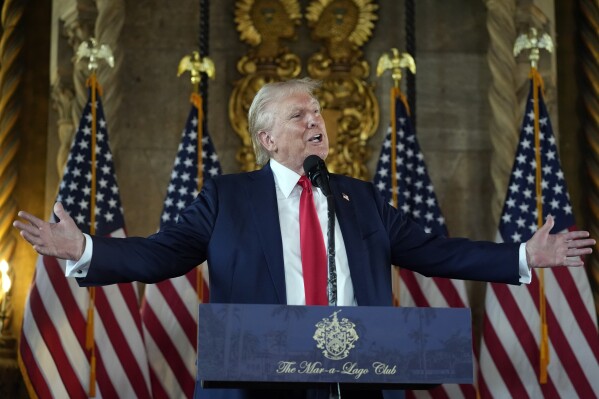 Republican presidential nominee former President Donald Trump speaks to reporters during a news conference at his Mar-a-Lago estate Thursday, Aug. 8, 2024, in Palm Beach, Fla. (AP Photo/Alex Brandon)