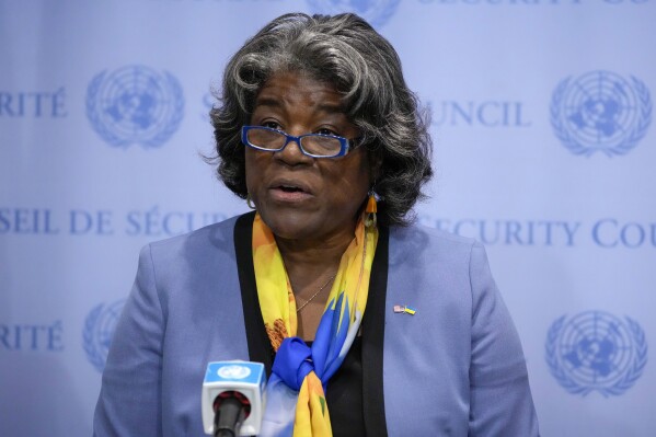 FILE - Linda Thomas-Greenfield, United States Ambassador to the United Nations, speaks after a meeting of the United Nations Security Council Thursday, Aug. 24, 2023, at United Nations headquarters. The United States has signed a memorandum with several of the world’s biggest social media companies aimed at preventing the use of their platforms for the distribution of synthetic drugs. Thomas-Greenfield told the signing ceremony Thursday, July 11, 2024, that “Technology companies have a critical role to play in both stopping the illegal manufacturing, trafficking and marketing of synthetic drugs, and just as importantly, educating the public.” (AP Photo/John Minchillo, File)