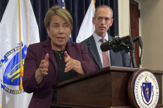 Massachusetts Gov. Maura Healey announces that deals have been reached in principle to transition operations at four hospitals operated by Steward Health Care to new operators on Friday, Aug. 16, 2024 at the Massachusetts Statehouse in Boston. (AP Photo/Steve LeBlanc)