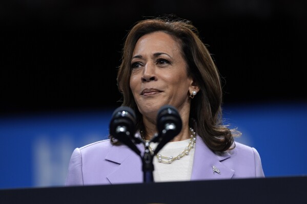 Democratic presidential nominee Vice President Kamala Harris speaks at a campaign rally, Saturday, Aug. 10, 2024, in Las Vegas. (AP Photo/Julia Nikhinson)