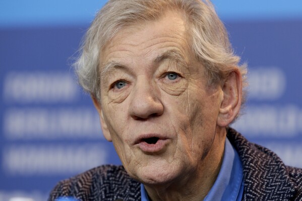 FILE - Actor Sir Ian McKellen speaks during the press conference for the film "Mr. Holmes" at the 2015 Berlinale Film Festival in Berlin, Germany, Sunday, Feb. 8, 2015. McKellen has been hospitalized Monday, June 17, 2024, after toppling off a London stage during a fight scene in a play. The 85-year-old actor known for playing Gandalf in the "Lord of the Rings" films and his many stage roles was playing John Falstaff in a production of Player Kings at the Noel Coward Theatre. (AP Photo/Michael Sohn, File)
