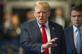 Former President Donald Trump speaks to the media outside of his trial at Manhattan Criminal Court, Tuesday, May 28, 2024, in New York. (Steven Hirsch/New York Post via AP, Pool)