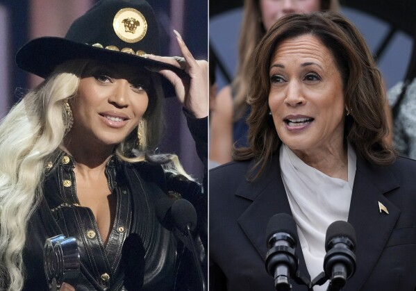 This combination photo shows Beyonce at the iHeartRadio Music Awards in Los Angeles on April 1, 2024, left, and Vice President Kamala Harris speaking from the South Lawn of the White House in Washington on July 22, 2024. (AP Photo)