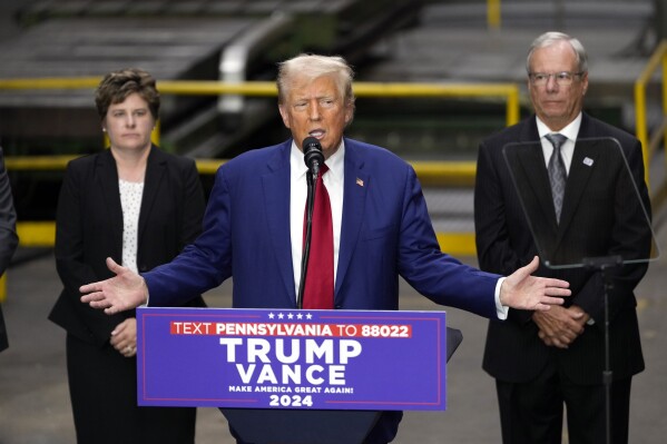 Republican presidential nominee former President Donald Trump speaks at a campaign event at Precision Components Group, Monday, Aug. 19, 2024, in York, Pa. (AP Photo/Matt Slocum)