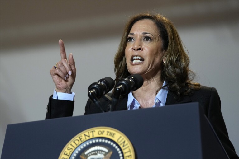 Democratic presidential nominee Vice President Kamala Harris campaigns with President Joe Biden at the IBEW Local Union #5 union hall in Pittsburgh on Labor Day, Monday, Sept. 2, 2024. (AP Photo/Susan Walsh)