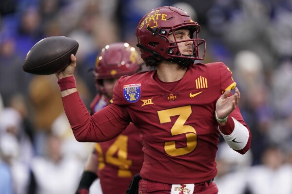 FILE - Iowa State quarterback Rocco Becht (3) looks to throw a pass during the first half of the Liberty Bowl NCAA college football game against Memphis, Dec. 29, 2023, in Memphis, Tenn. (AP Photo/George Walker IV, File)