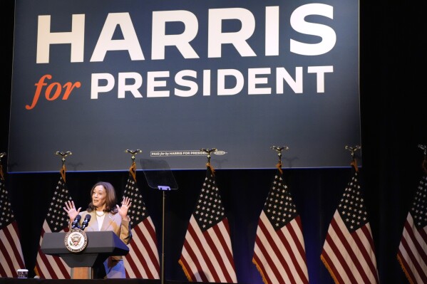 Vice President Kamala Harris delivers remarks at a campaign event in Pittsfield, Mass., Saturday, July 27, 2024. (AP Photo/Stephanie Scarbrough, Pool)