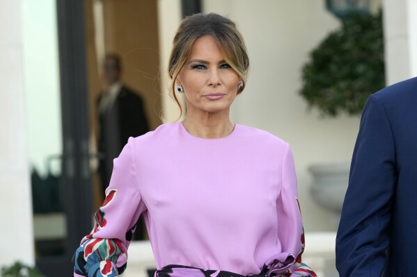 FILE - Former first lady Melania Trump arrives for GOP fundraiser, April 6, 2024, in Palm Beach, Fla. Melania Trump is making a political comeback during the presidential campaign of her husband, former President Donald Trump. In a closed-press event, Melania Trump will appear at the Log Cabin Republicans event Saturday in Mar-a-Lago, the home she lives in with her husband in Palm Beach.(AP Photo/Lynne Sladky, File)