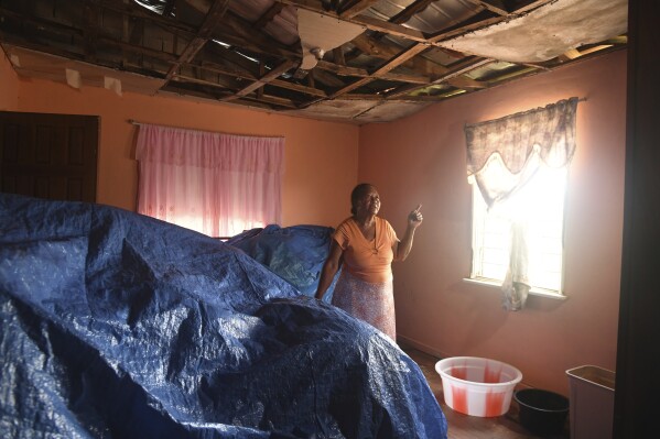 Alance Wisdom, who farms cabbage, sweet peppers and cucumbers, points to damage from Hurricane Beryl in her home on Thursday, Aug. 22, 2024, in Cross Keys, Jamaica. (AP Photo/Collin Reid)