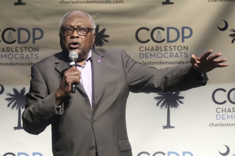 FILE - Rep. Jim Clyburn, D-S.C., speaks, Nov. 18, 2023, in Charleston, S.C. Senior Democratic figures rallied with a show of unwavering public support for President Joe Biden on Sunday, June 30, 2024, amid private angst within the party about his Thursday debate performance. "I do not believe that Joe Biden has a problem leading for the next four years," Clyburn, a close ally of Biden, said on CNN's "State of the Union." "Joe Biden should continue to run on his record." (AP Photo/Meg Kinnard, File)