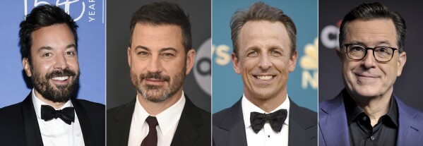 This combination of images shows, from left, Jimmy Fallon, Jimmy Jimmy Kimmel, Seth Meyers, and Stephen Colbert. LateNighter, a website and newsletter that follows late-night television comedy, began in February. (AP Photo)