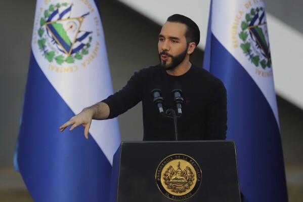 FILE - El Salvador's President Nayib Bukele gives a speech during the inauguration of an industrial data center in Ciudad Arce, El Salvador, July 16, 2024. (AP Photo/Salvador Melendez, File)