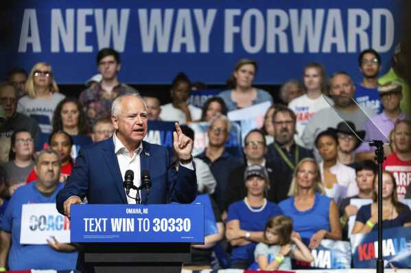 FILE - Democratic vice presidential nominee Minnesota Gov. Tim Walz speaks at a campaign rally, Aug. 17, 2024, at The Astro in La Vista, Neb. (AP Photo/Bonnie Ryan, File)