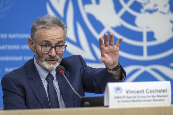Vincent Cochetel, UNHCR special envoy for the Western & Central Mediterranean Situation, speaks about the launch of new UNHCR / IOM /MMC report on risks faced by refugees and migrants on the Central Mediterranean route during a press conference at the European headquarters of the United Nations in Geneva, Switzerland, Thursday, July 4, 2024. (Martial Trezzini/Keystone via AP)