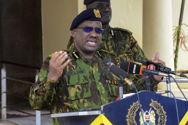 FILE - The new Inspector General of the Police of Kenya, Japheth Koome Nchebere, speaks in Nairobi, Sunday, March 26, 2023. Kenya’s police boss resigned Friday, July 12, 2024 after weeks of deadly protests over proposed take hikes in which at least 39 people have died. (AP Photo, file)