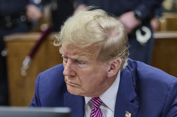 Former President Donald Trump appears at Manhattan criminal in New York, Friday, April 19, 2024. (Curtis Means/Pool Photo via AP)