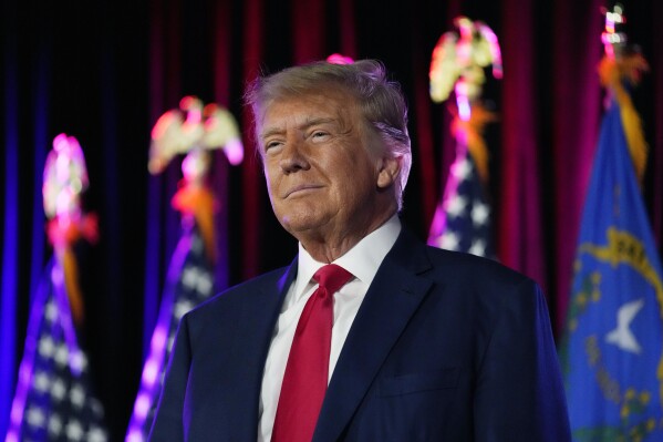 FILE - Former President Donald Trump speaks at a campaign event, Saturday, July 8, 2023, in Las Vegas. Lawyers for former President Donald Trump are asking Georgia's highest court to prevent the district attorney who’s been investigating his actions in the wake of the 2020 election from prosecuting him. (AP Photo/John Locher, File)