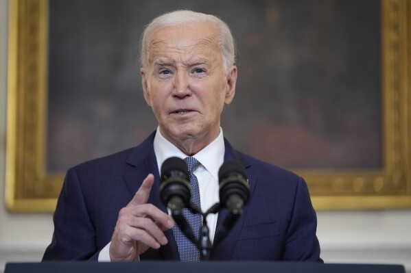 President Joe Biden delivers remarks on the verdict in former President Donald Trump's hush money trial and on the Middle East, from the State Dining Room of the White House, Friday, May 31, 2024, in Washington. (AP Photo/Evan Vucci)