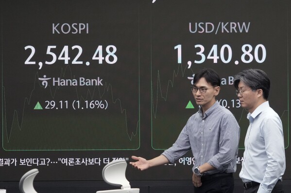 Currency traders pass by a screen showing the Korea Composite Stock Price Index (KOSPI), left, and the foreign exchange rate between U.S. dollar and South Korean won at the foreign exchange dealing room of the KEB Hana Bank headquarters in Seoul, South Korea, Thursday, Sept. 12, 2024. (AP Photo/Ahn Young-joon)