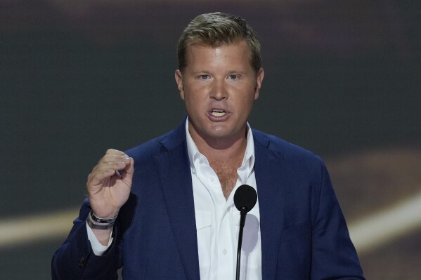 FILE - Tim Sheehy speaking during the second day of the Republican National Convention Tuesday, July 16, 2024, in Milwaukee. (AP Photo/J. Scott Applewhite)