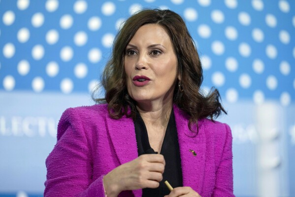 FILE - Michigan Gov. Gretchen Whitmer speaks at the SelectUSA Investment Summit, May 4, 2023, in Oxon Hill, Md. Democrats are circulating several high profile names as potential presidential alternatives including Whitmer, the co-chair of the Biden-Harris campaign who is releasing a memoir titled "True Gretch," that hints at her political future this week. However, Whitmer shut down any possibility of stepping into the race this year in an interview with the Associated Press ahead of the book's launch. (AP Photo/Alex Brandon, File)