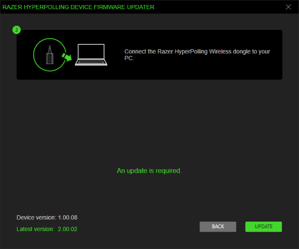 Updater window informing to connect the Razer HyperPolling Wireless Dongle to the PC