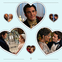 A collage of six couples from Bridgerton, arranged in heart-shaped frames on a light blue background. Each couple is dressed in period attire, engaging in intimate moments.