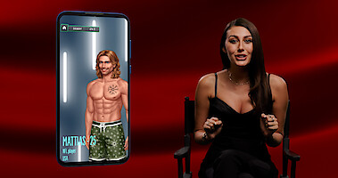 A woman sits in a chair on the right side, speaking excitedly. To her left is a large smartphone screen displaying a muscular animated character named Mattias, a 25-year-old NFL player from the USA, wearing green shorts.