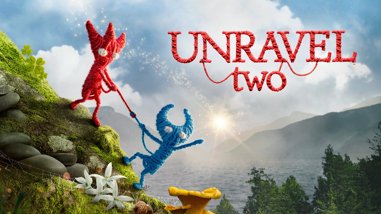 Unravel 2 cover art featuring a red knitted doll pulling a blue knitted doll up a flower covered grassy hill