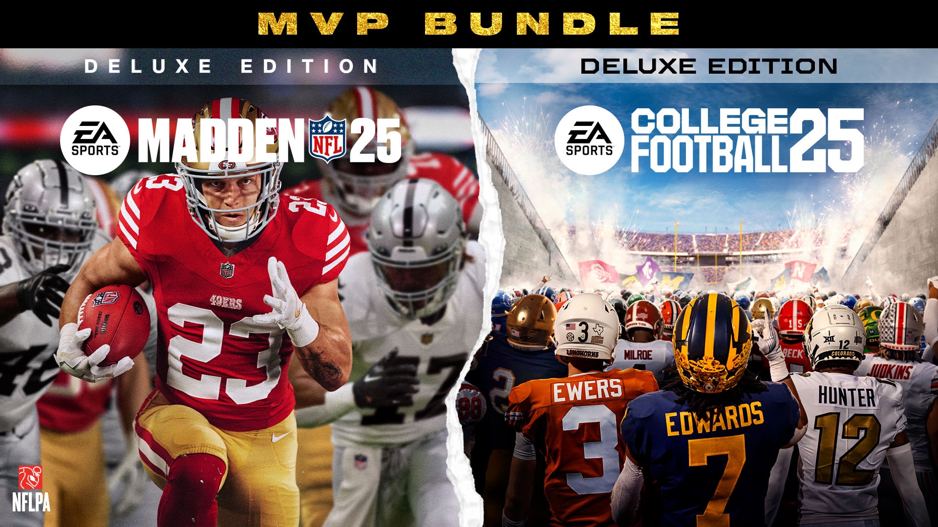 Image showing the MVP bundle artwork collage of Madden 25 (Deluxe Edition) on the left and College Football 25 (Deluxe Edition) on the right.