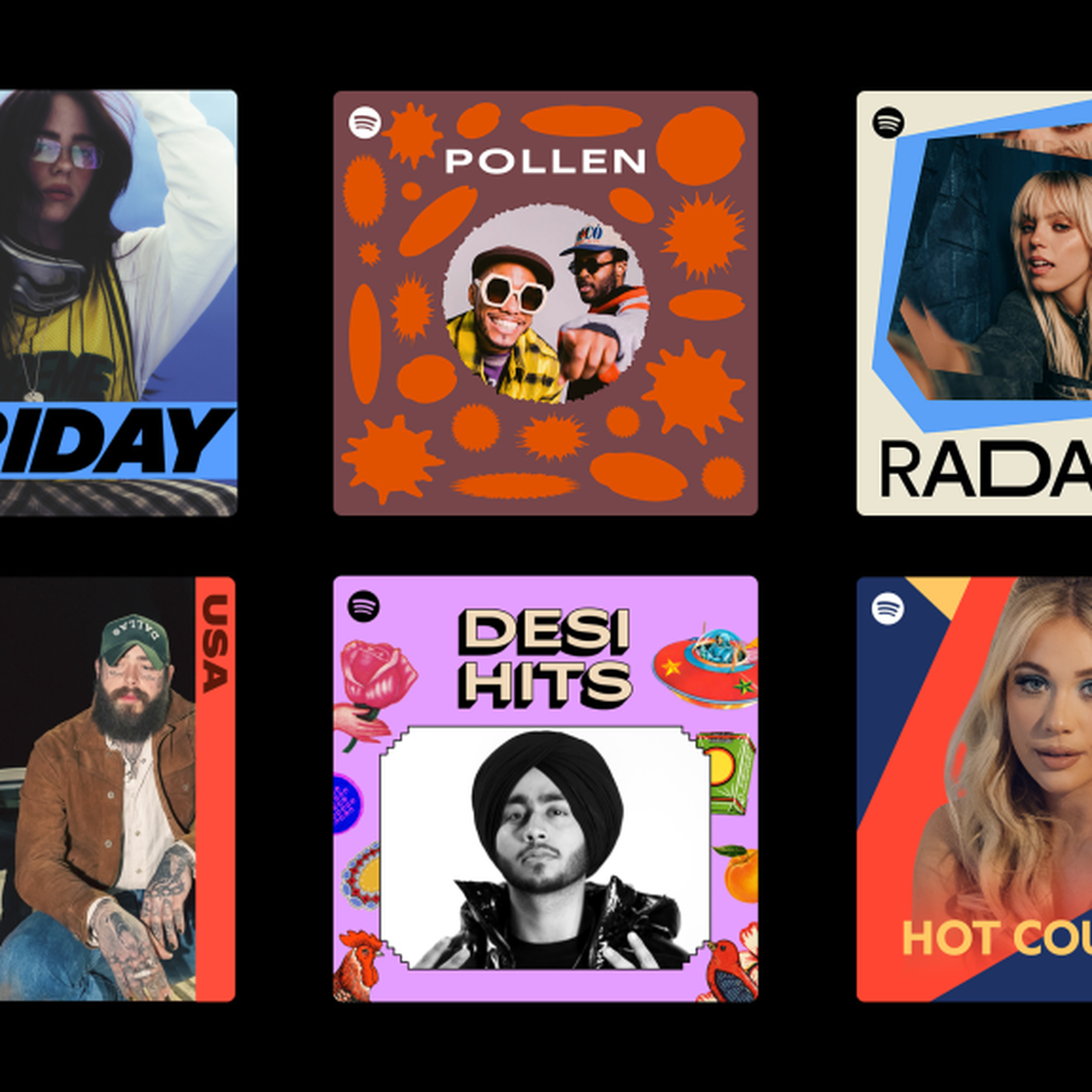 A promotion of Spotify’s new Spotify Mix typeface showing six different playlist covers.