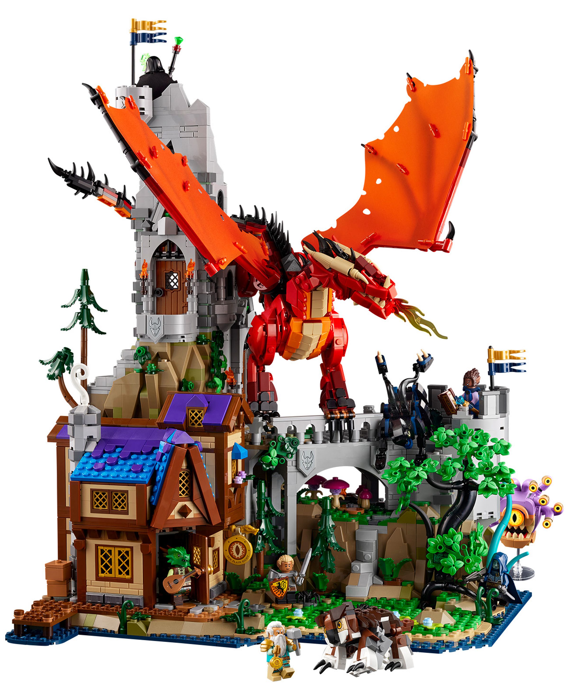 A lego structure of a tower and tavern with a red dragon