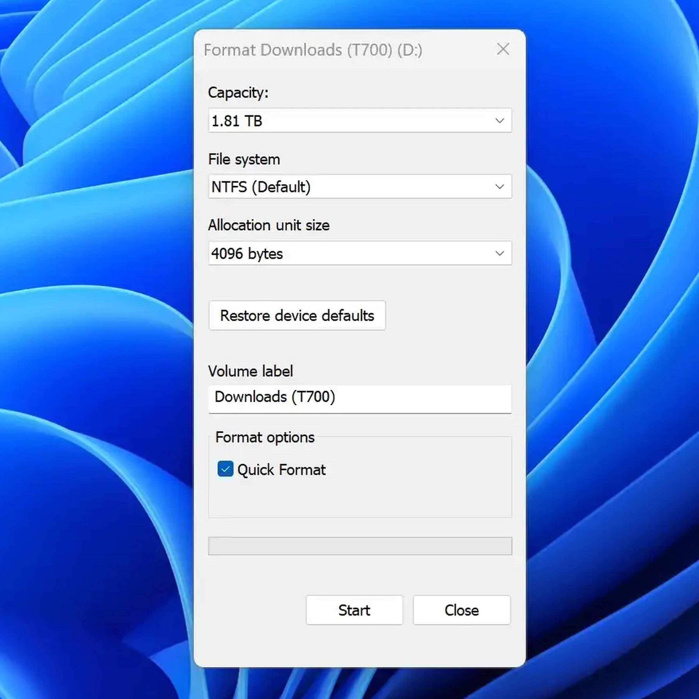 A screenshot of the format drive dialog in Windows