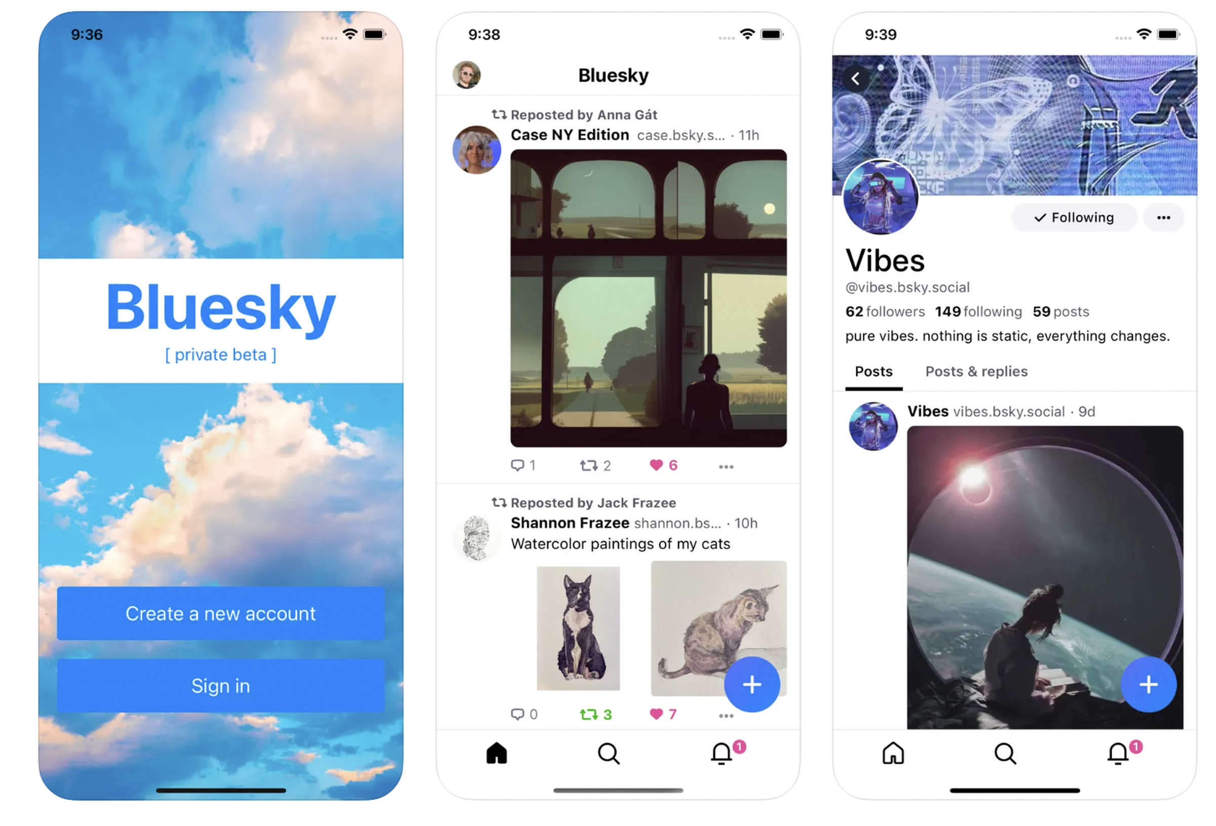 An image showing three side-by-side screengrabs of Bluesky on mobile