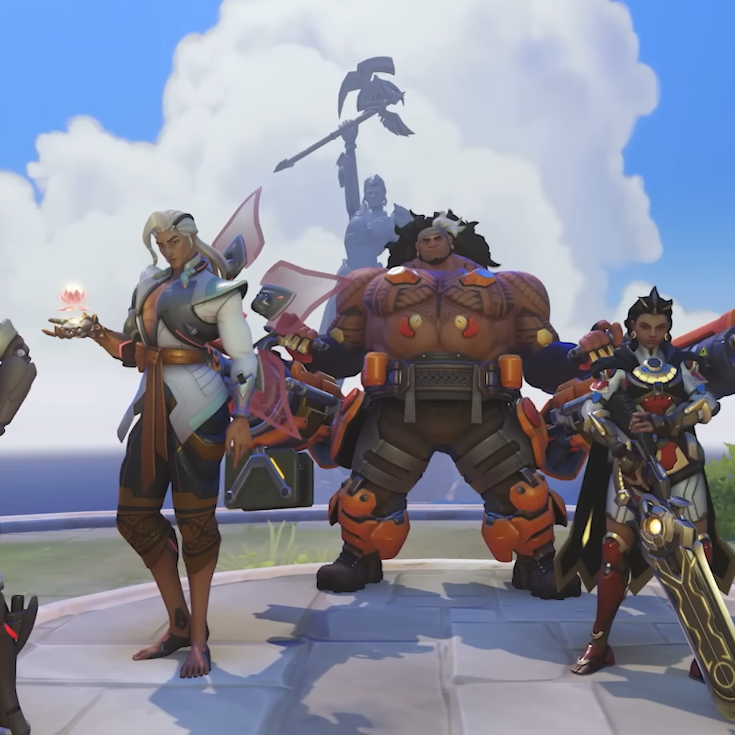 Screenshot of several Overwatch characters posing (Sojourn, Lifeweaver, Mauga, Illari, and Echo)